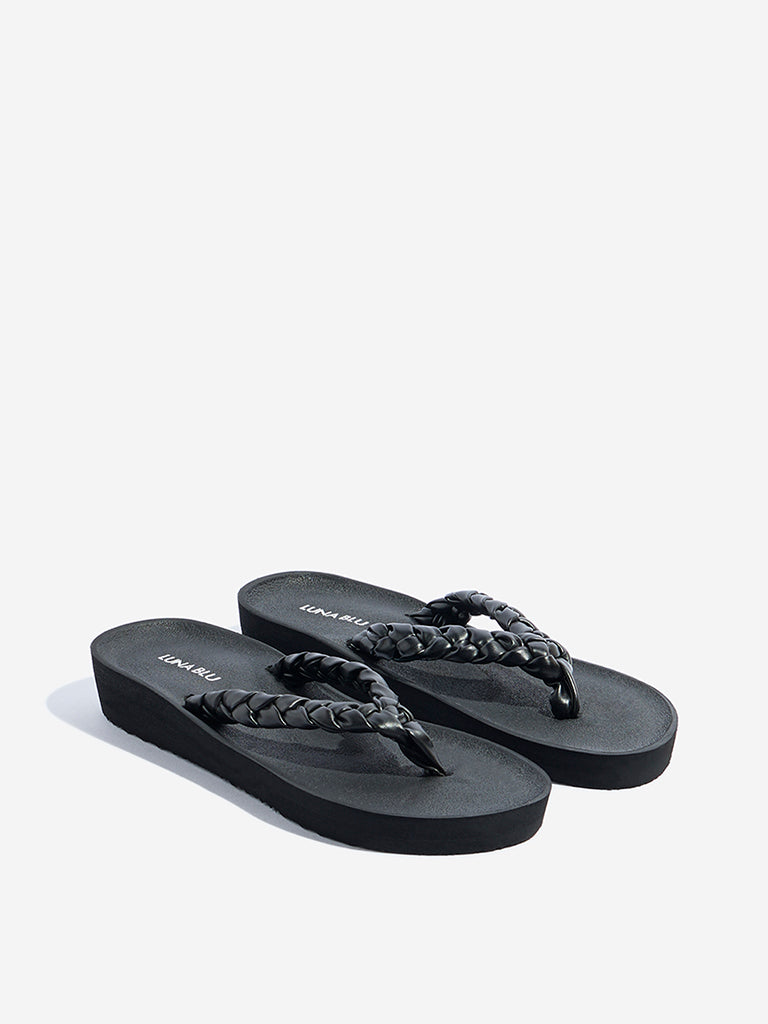 Westside LUNA BLU Women's Black Braided Flip-Flops for Casual Wear Front View
