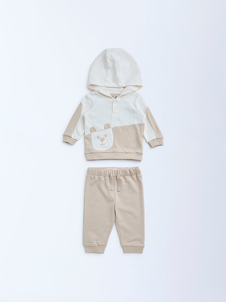 Westside HOP Baby Boys Beige Animal Printed Cotton Sweatshirt with Joggers Set for Winter Wear Front view