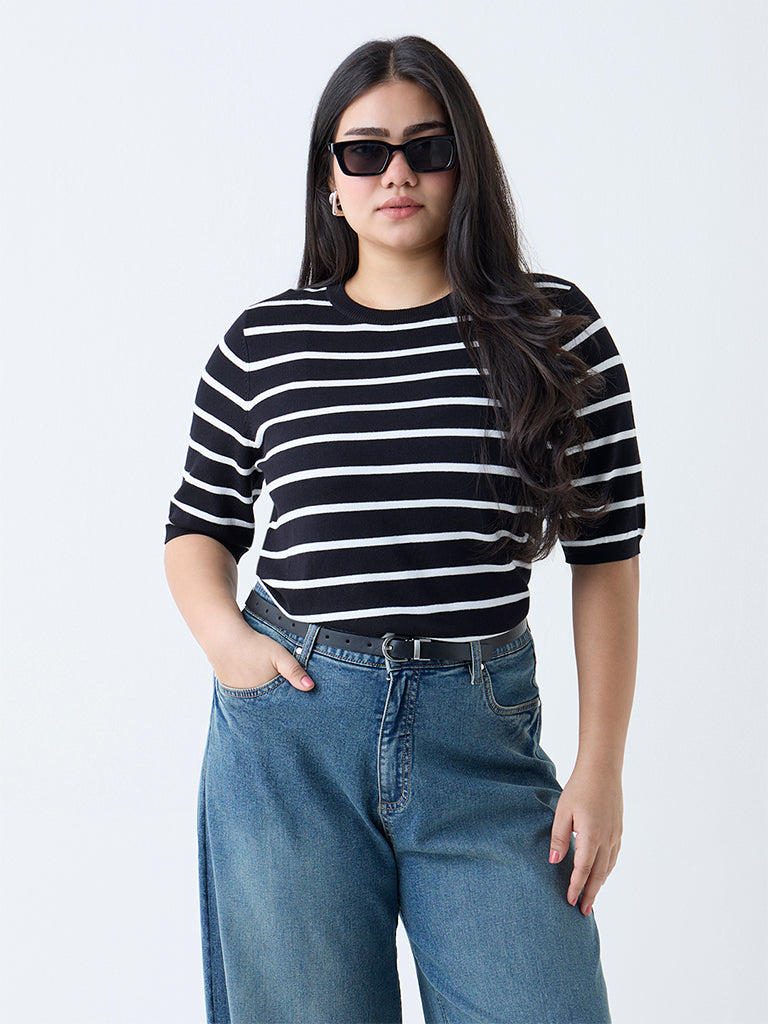 Westside Gia Women's Black Stripe T-Shirt for Casual Wear Front view