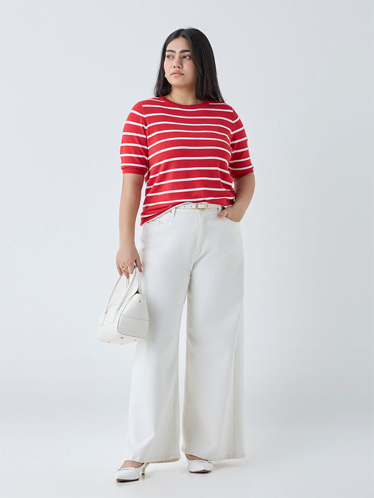 Westside Gia Women's Red Stripe Detailed T-Shirt for Casual Wear Full View