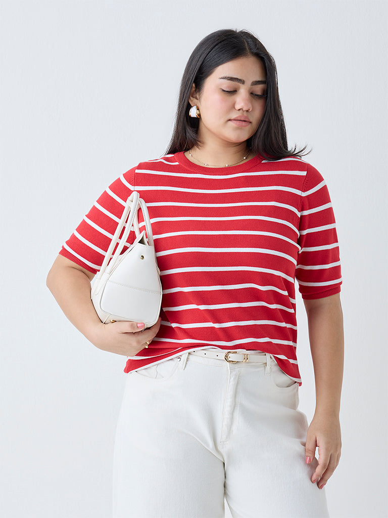 Westside Gia Women's Red Stripe Detailed T-Shirt for Casual Wear Front view