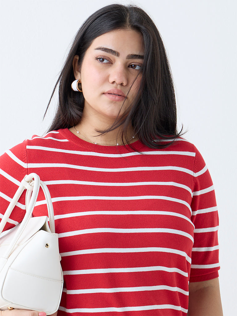 Westside Gia Women's Red Stripe Detailed T-Shirt for Casual Wear Zoomed View