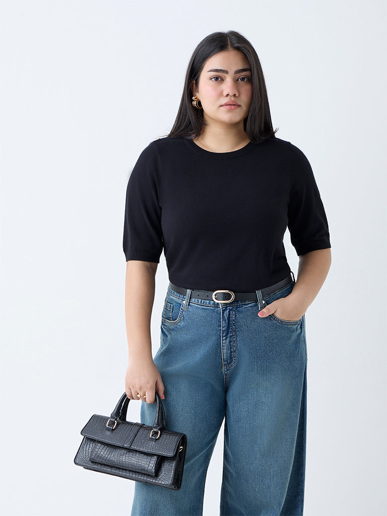 Westside Gia Women's Black Solid T-Shirt for Casual Wear Front view