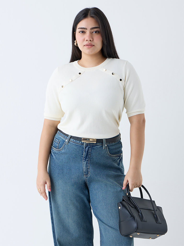 Westside Gia Women's Cream Solid Knitted T-Shirt for Casual Wear Front view