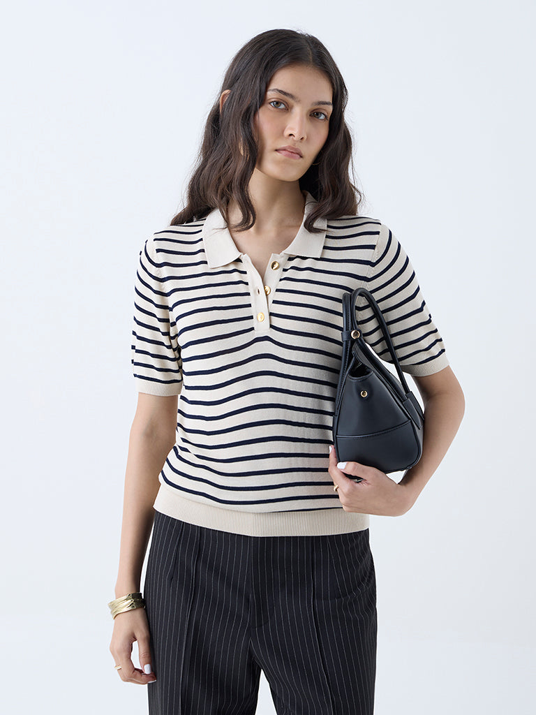 Westside Wardrobe Women's Beige Stripe Knitted Polo T-Shirt for Work Wear Front View