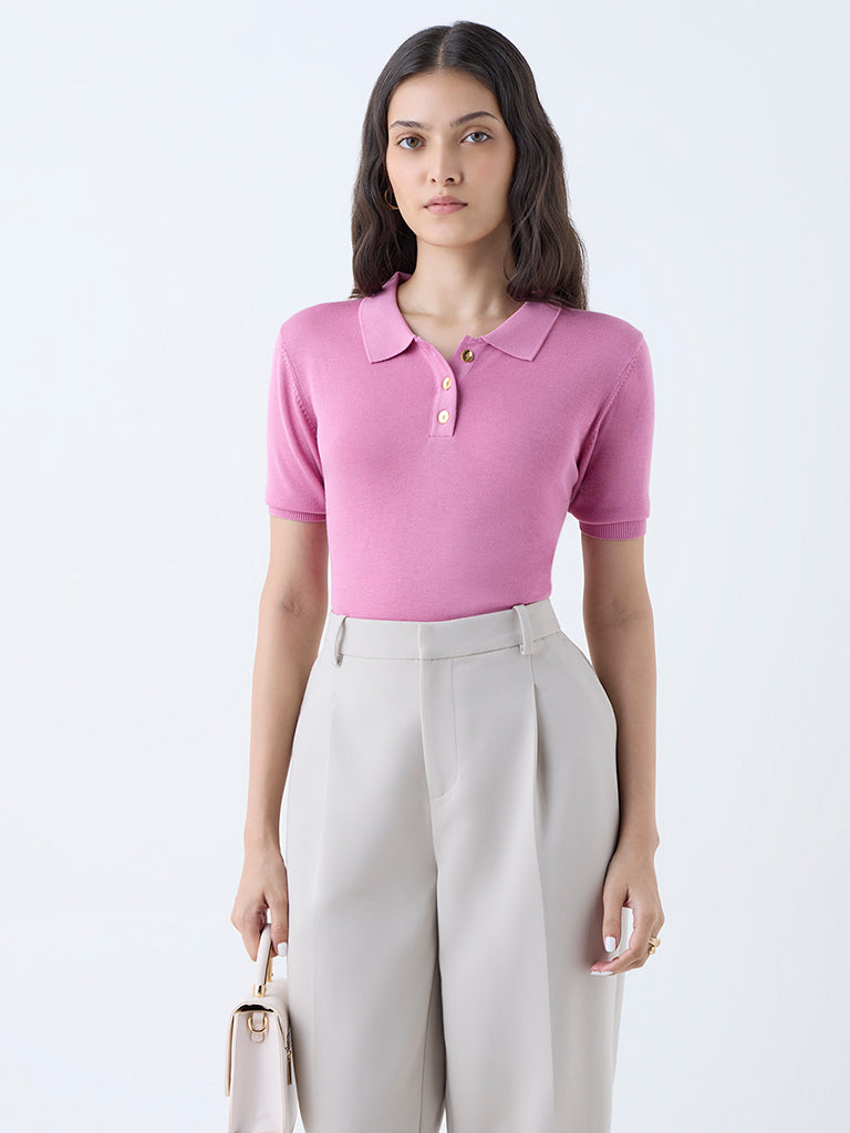 Westside Wardrobe Women's Pink Knit-Textured Polo T-Shirt for Work Wear Front View