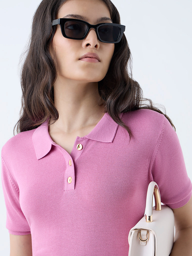 Westside Wardrobe Women's Pink Knit-Textured Polo T-Shirt for Work Wear Zoomed View