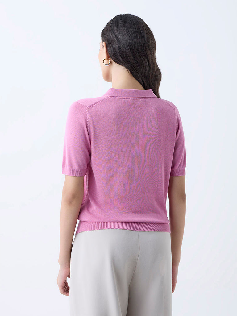 Westside Wardrobe Women's Pink Knit-Textured Polo T-Shirt for Work Wear Back View