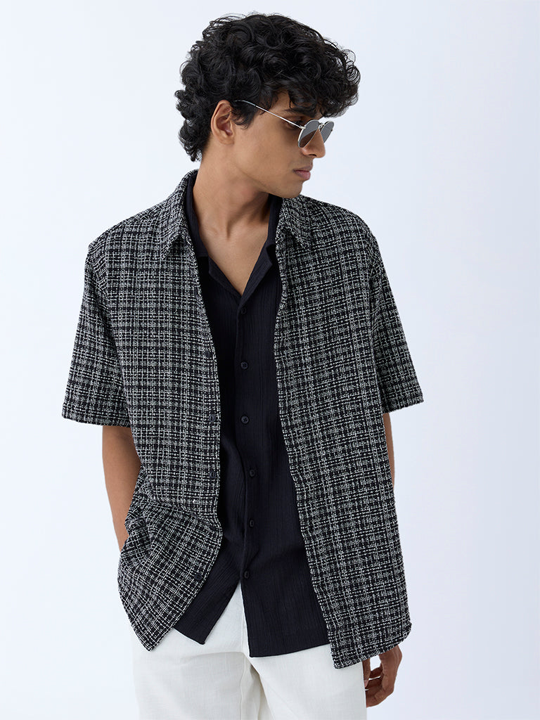 Westside ETA Men's Black Checks Detailed Relaxed-Fit Cotton Shirt for Casual Wear Front View