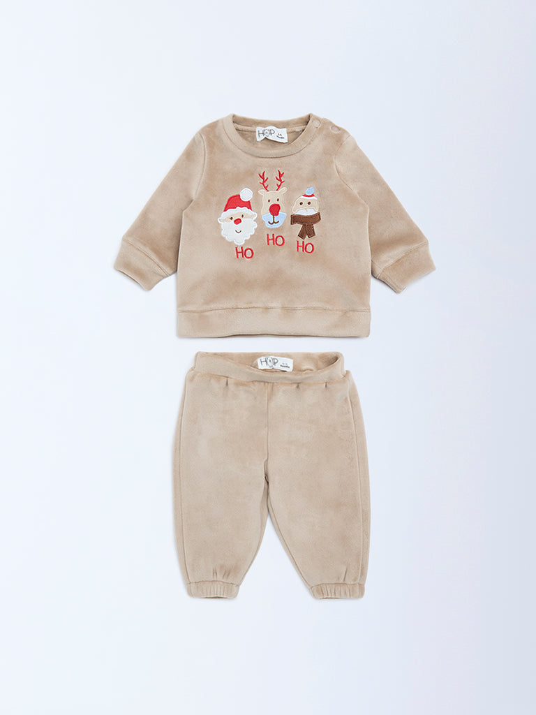 HOP Baby Boys Beige Christmas-Themed Sweatshirt and Pants Set
