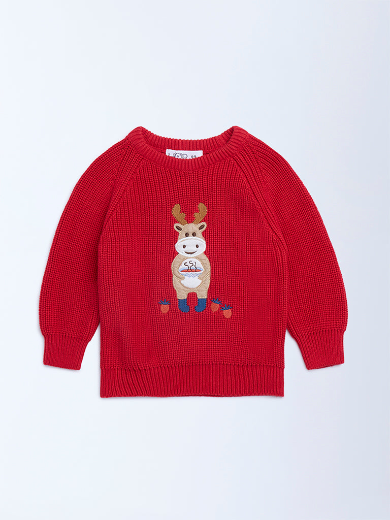 HOP Baby Boys Red Animal Cotton Embroidered Sweater