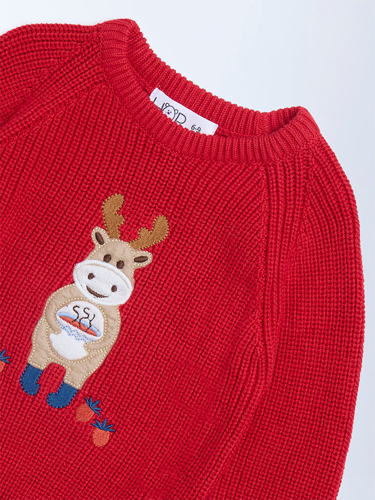 HOP Baby Boys Red Animal Cotton Embroidered Sweater