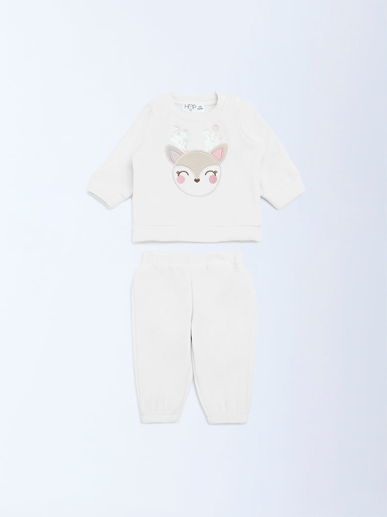 HOP Baby Girls White Embroidered Sweatshirt and Joggers Set
