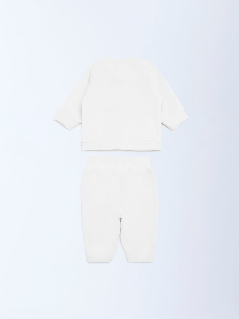 HOP Baby Girls White Embroidered Sweatshirt and Joggers Set