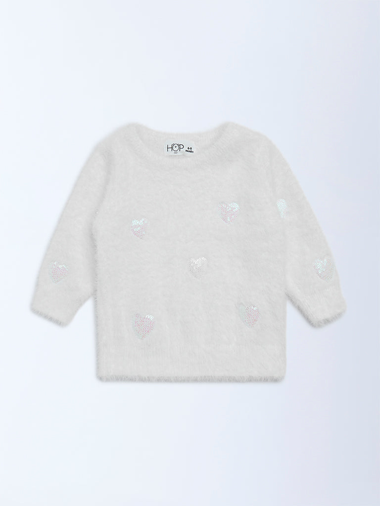HOP Baby Girls White Embellished Fleece Sweater