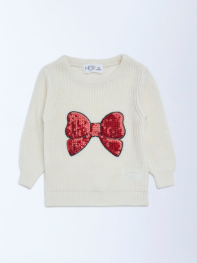 HOP Baby Girls Cream Embellished Knitted Sweater