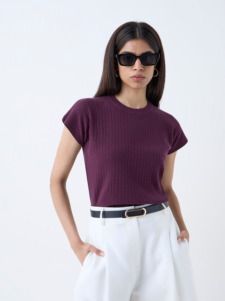 Westside Wardrobe Women's Plum Self-Striped T-Shirt for Work Wear Front view