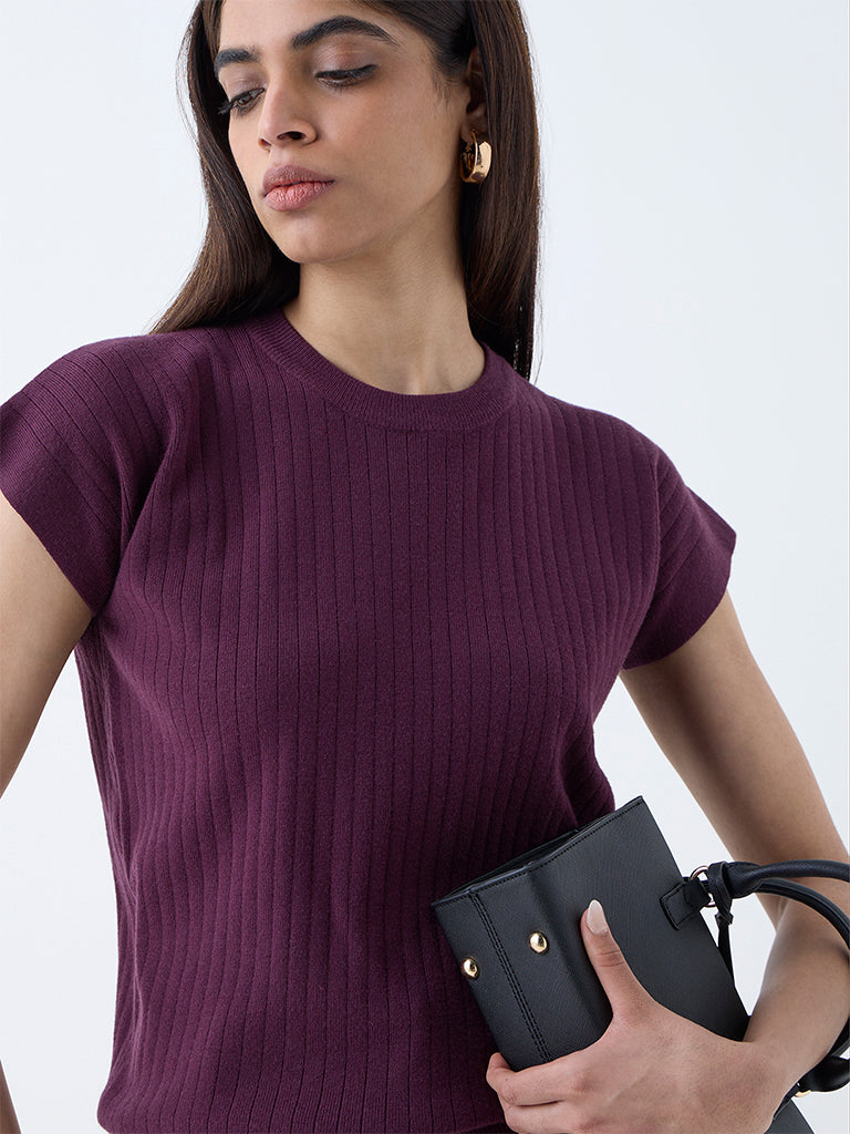 Westside Wardrobe Women's Plum Self-Striped T-Shirt for Work Wear Zoomed View