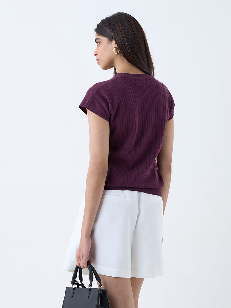Westside Wardrobe Women's Plum Self-Striped T-Shirt for Work Wear Back View