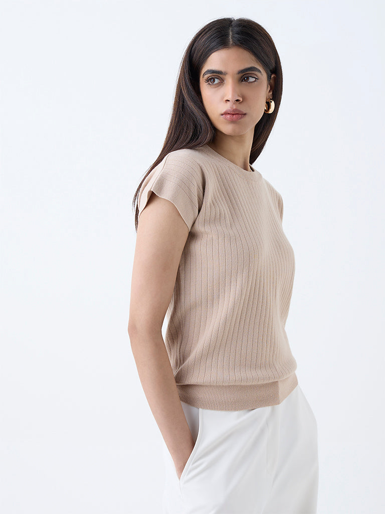 Westside Wardrobe Women's Beige Self-Striped T-Shirt for Work Wear Front view
