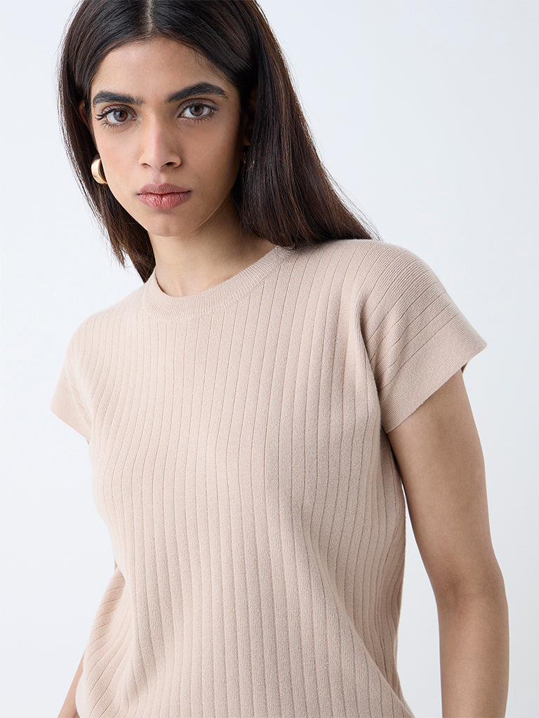 Westside Wardrobe Women's Beige Self-Striped T-Shirt for Work Wear Zoomed View