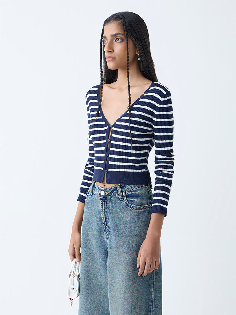 Westside Nuon Women's Navy Stripe Patterned Top for Casual Wear Front view