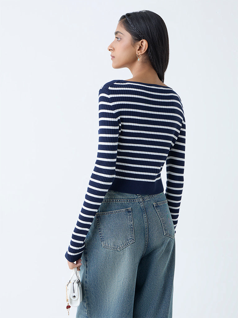 Westside Nuon Women's Navy Stripe Patterned Top for Casual Wear Back View