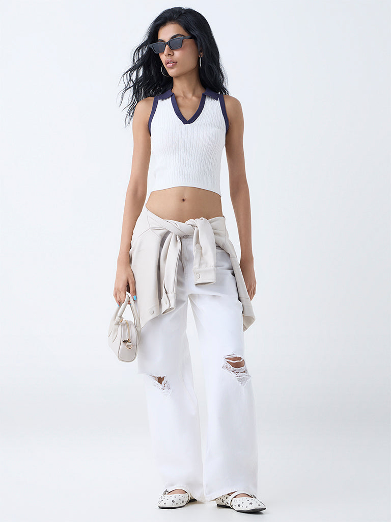 Westside Nuon Women's White Cable-Knitted Top for Casual Wear Full View