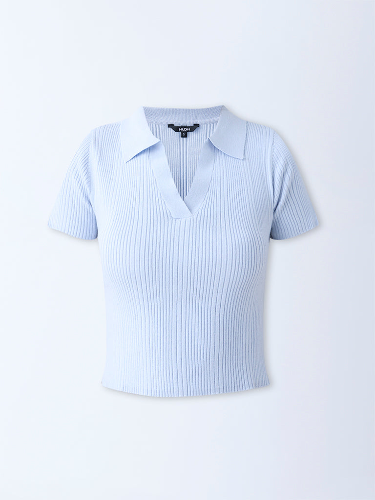 Westside Nuon Women's Light Blue Ribbed-Textured T-Shirt for Casual Wear Flatlay