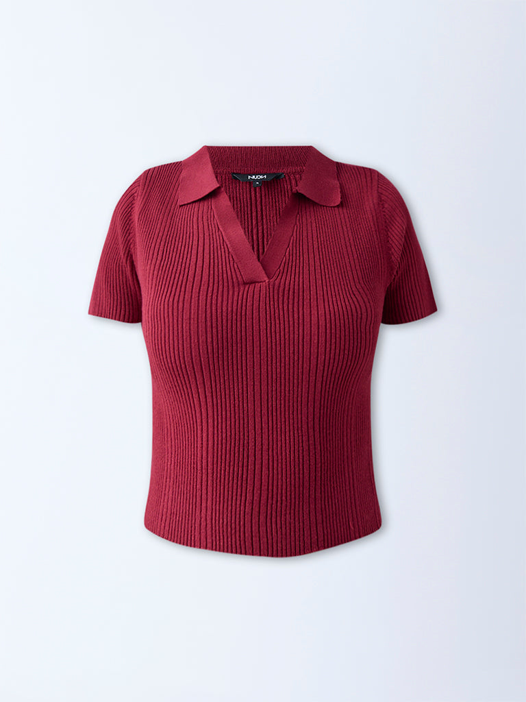 Westside Nuon Women's Maroon Ribbed-Textured T-Shirt for Casual Wear Flatlay