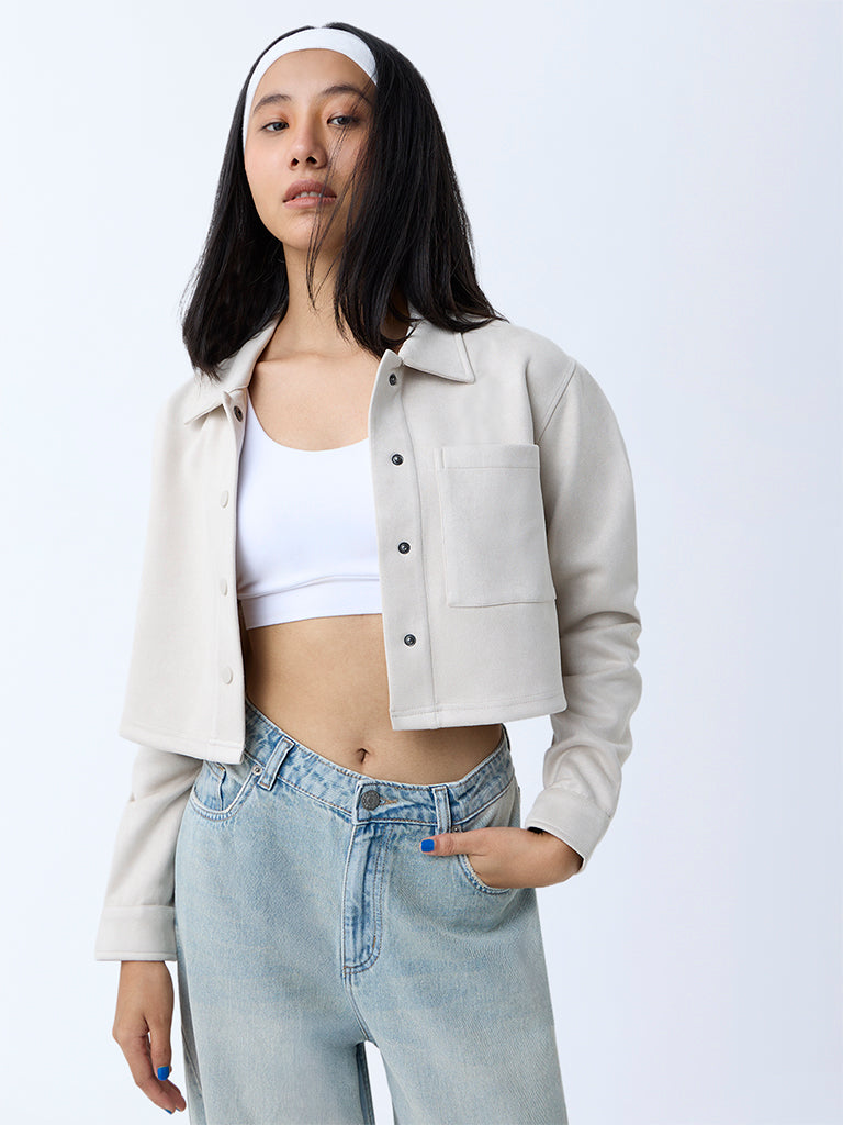 Westside Nuon Women's Off-White Solid Suede Jacket for Casual Wear Full View