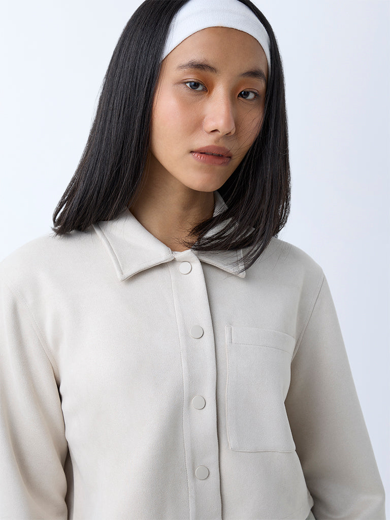 Westside Nuon Women's Off-White Solid Suede Jacket for Casual Wear Zoomed View