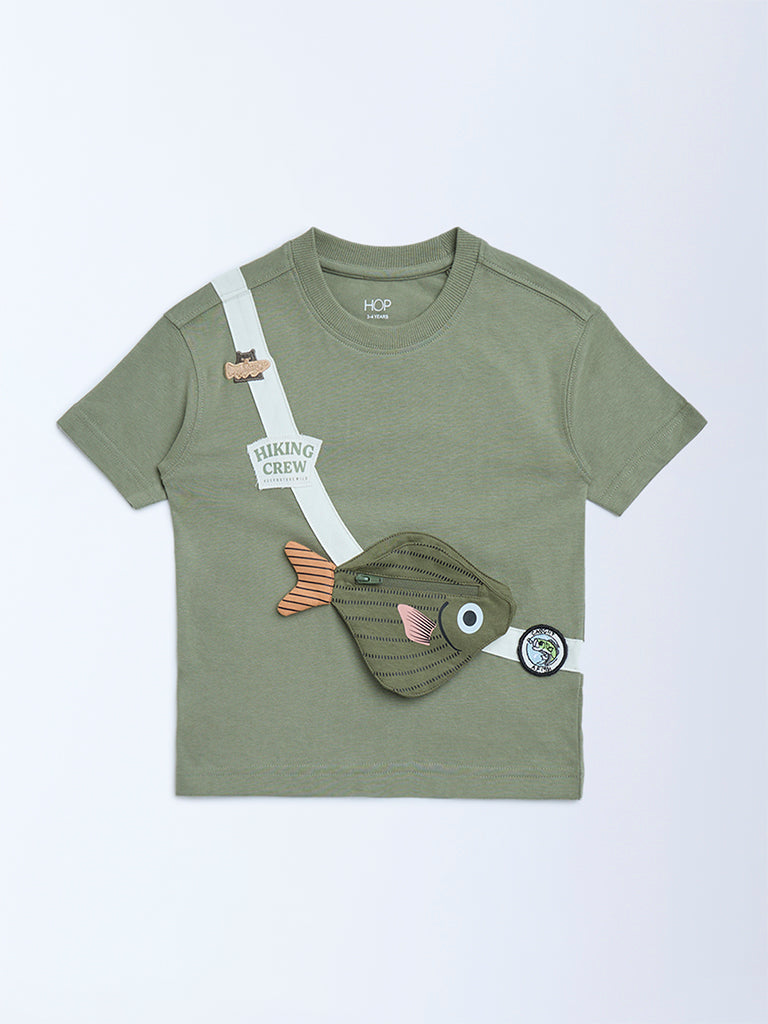 HOP Kids Boys Olive Fish Detailed Cotton T-Shirt