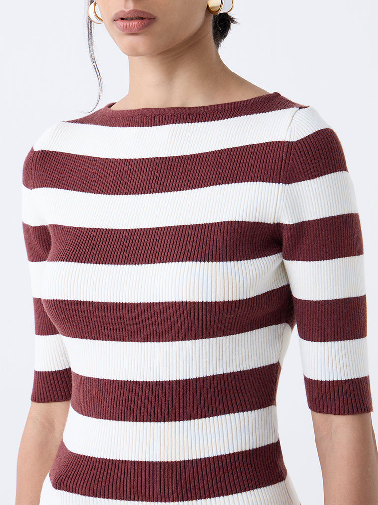 Westside Wardrobe Women's Brown Striped Ribbed T-Shirt for Work Wear Zoomed View