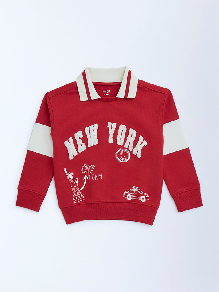 HOP Kids Boys Red Typographic Cotton Sweatshirt