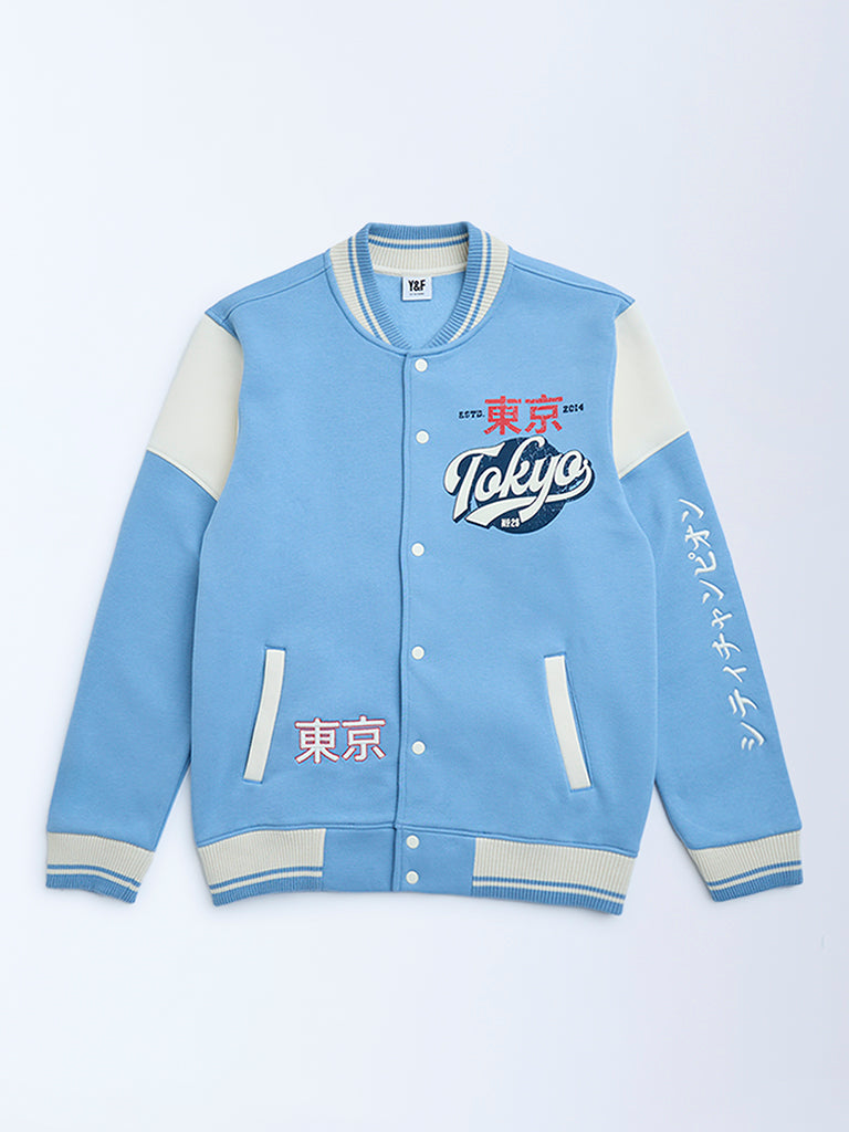 Boys Blue Text Design Cotton-Blend Varsity Jacket