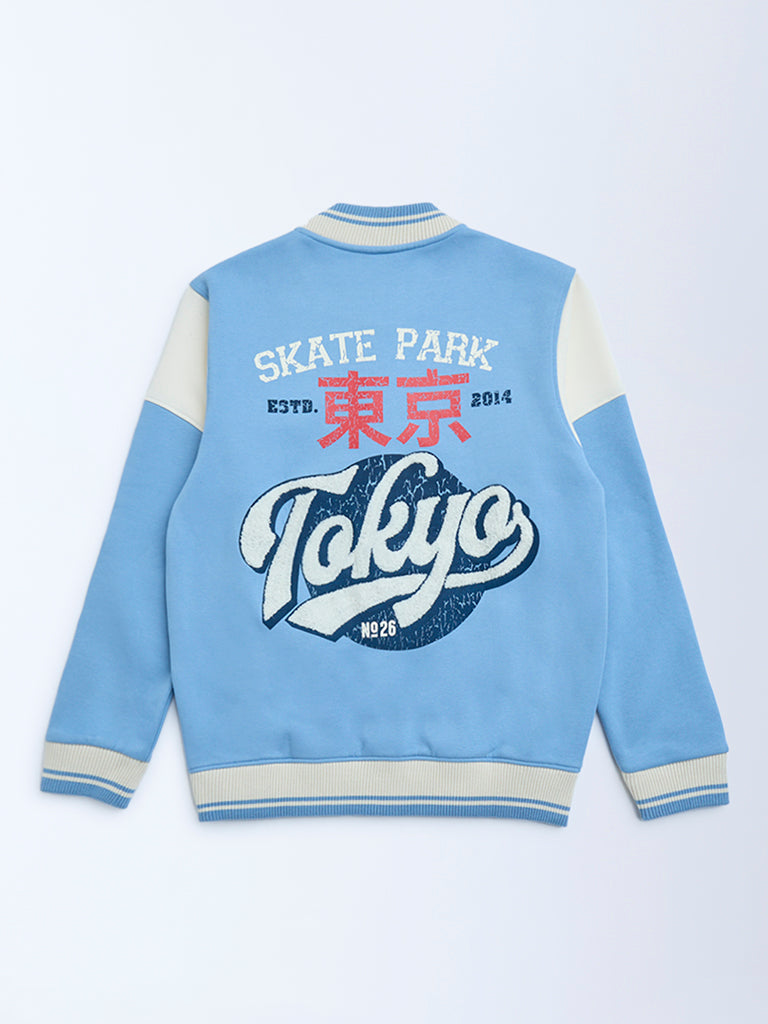 Boys Blue Text Design Cotton-Blend Varsity Jacket
