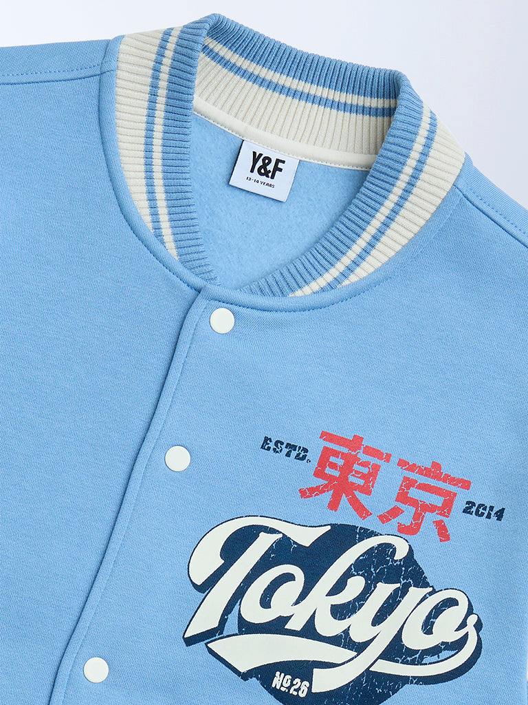 Boys Blue Text Design Cotton-Blend Varsity Jacket