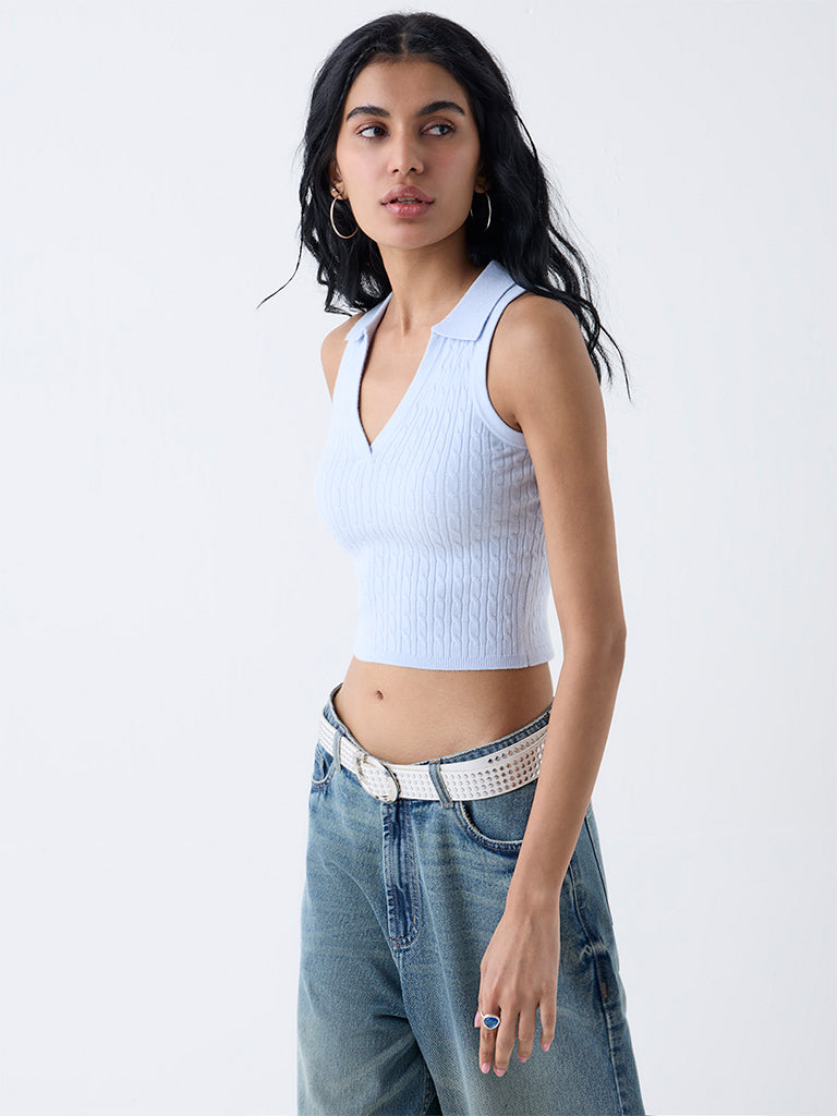 Westside Nuon Women's Light Blue Cable-Knitted Top for Casual Wear Front view
