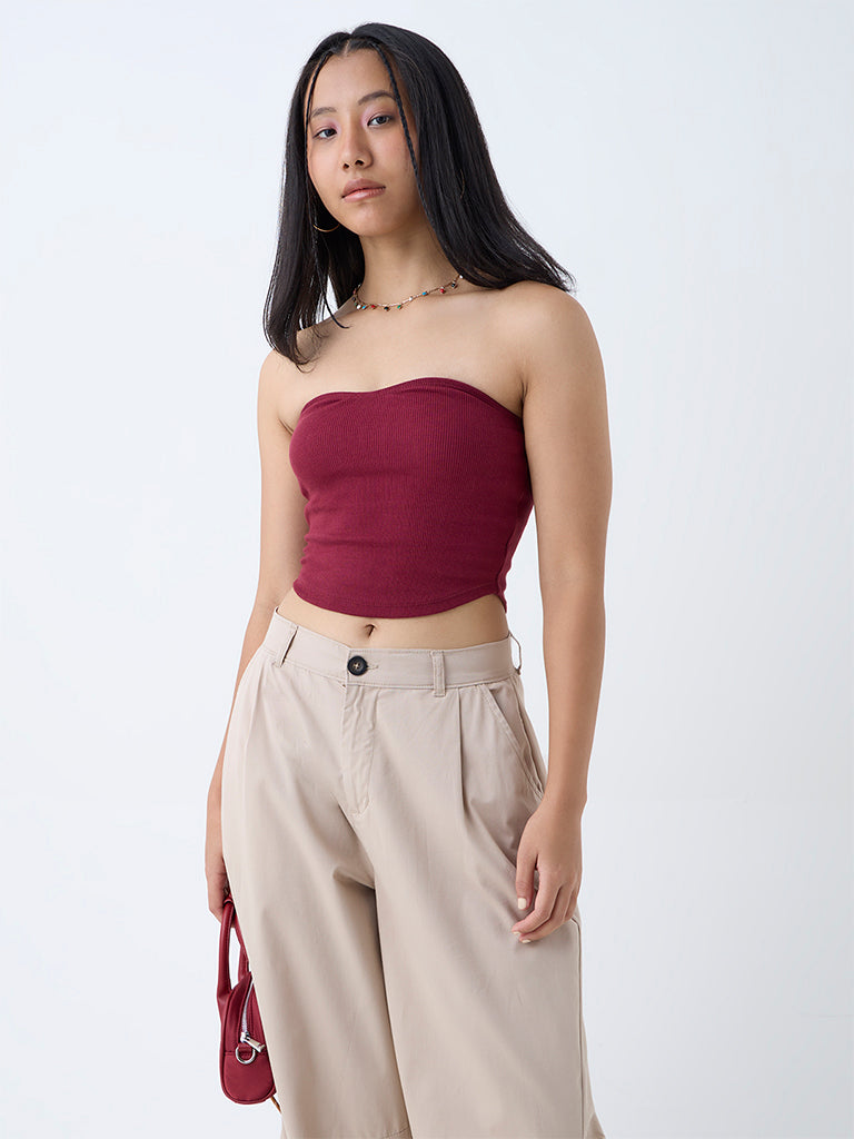 Westside Nuon Women's Wine Ribbed Cotton-Blend Tube Top for Casual Wear Front view