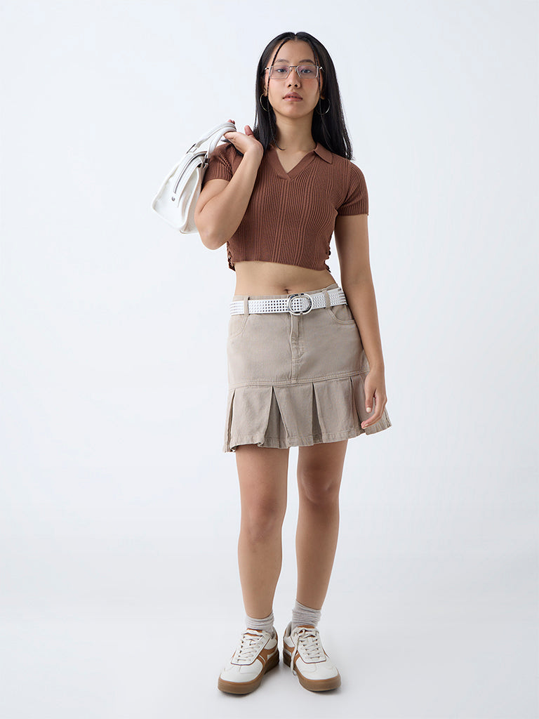 Westside Nuon Women's Brown Criss-Cross-Detailed Ribbed T-Shirt for Casual Wear Full View
