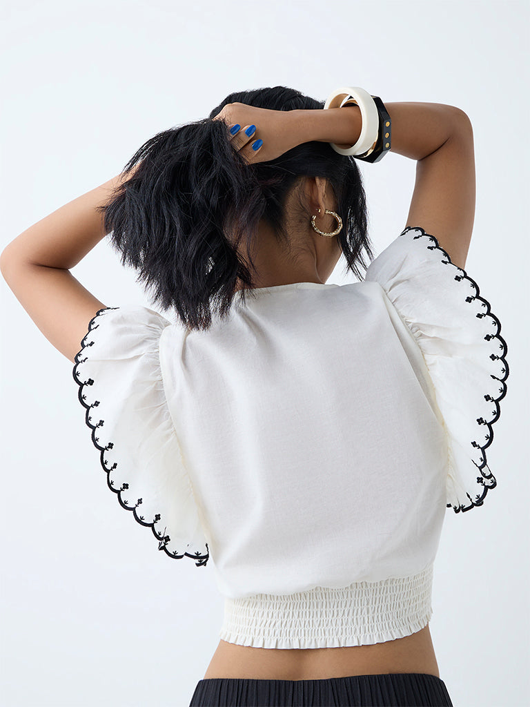 Westside Bombay Paisley Women's Off-White Embroidered Cotton Top for Everyday Back View