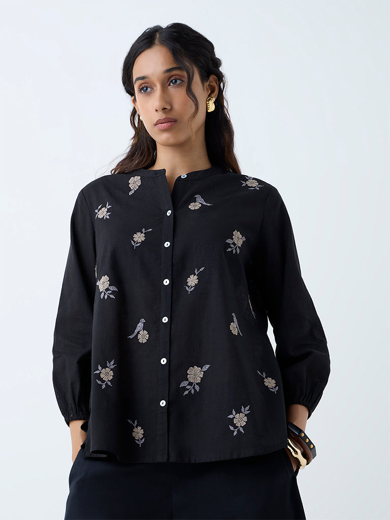 Westside Utsa Women's Black Floral Embroidered Cotton Tunic for Work Wear Front view