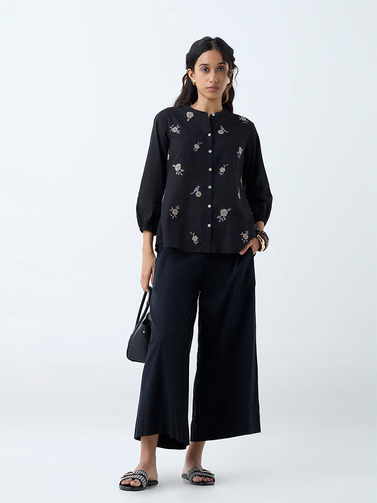 Westside Utsa Women's Black Floral Embroidered Cotton Tunic for Work Wear Full View