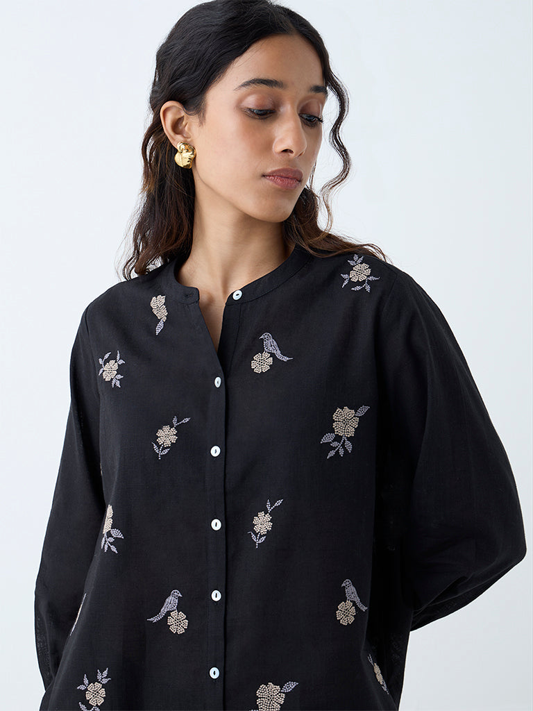 Westside Utsa Women's Black Floral Embroidered Cotton Tunic for Work Wear Zoomed View
