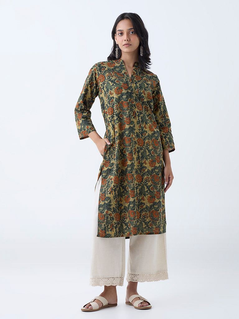 Westside Utsa Women's Olive Foliage Printed Straight Cotton Kurta for Everyday Front view