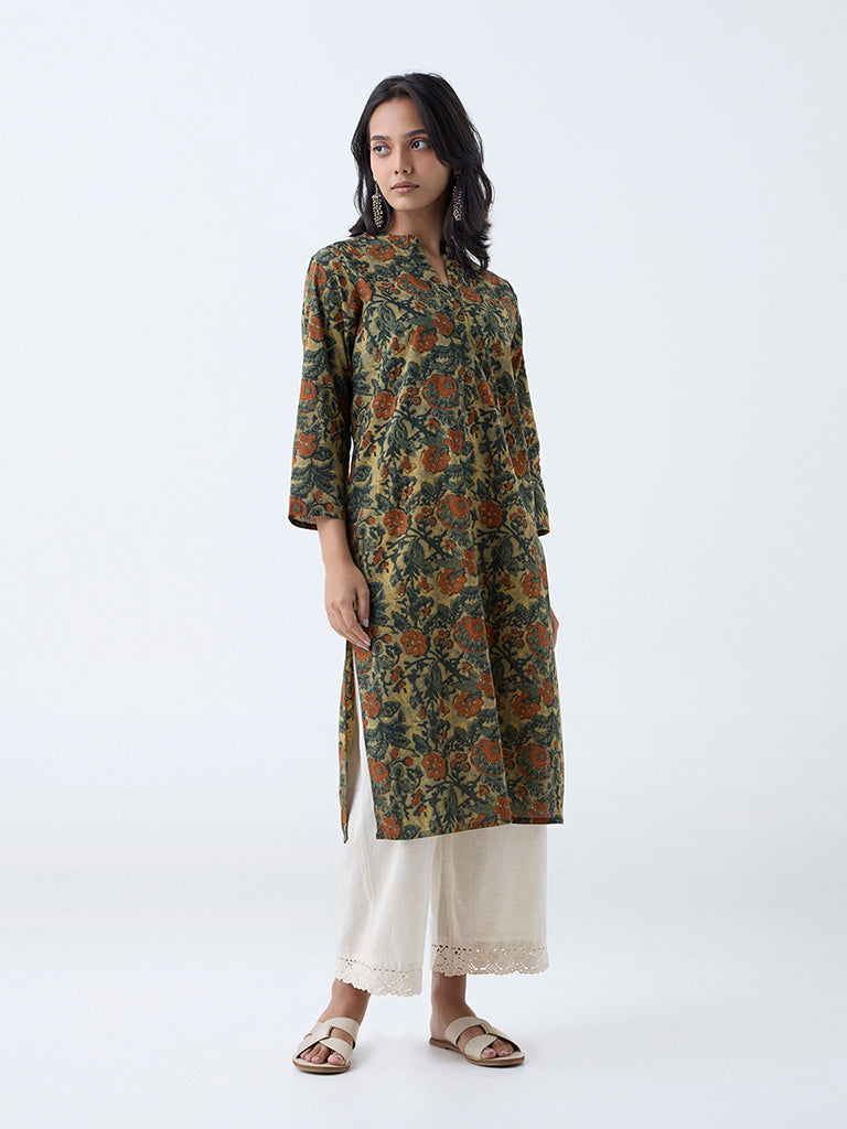 Westside Utsa Women's Olive Foliage Printed Straight Cotton Kurta for Everyday Full View