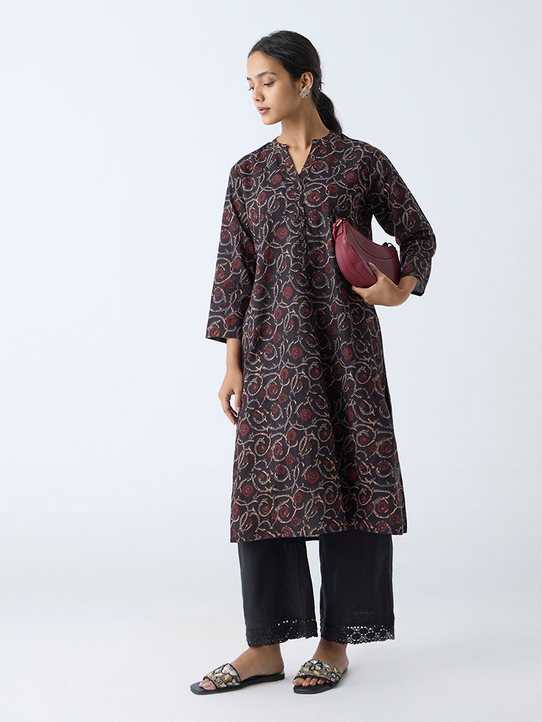 Westside Utsa Women's Black Botanical Printed Straight Cotton Kurta for Everyday Full View