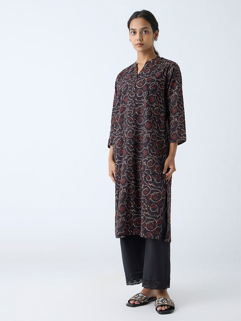 Westside Utsa Women's Black Botanical Printed Straight Cotton Kurta for Everyday Front View