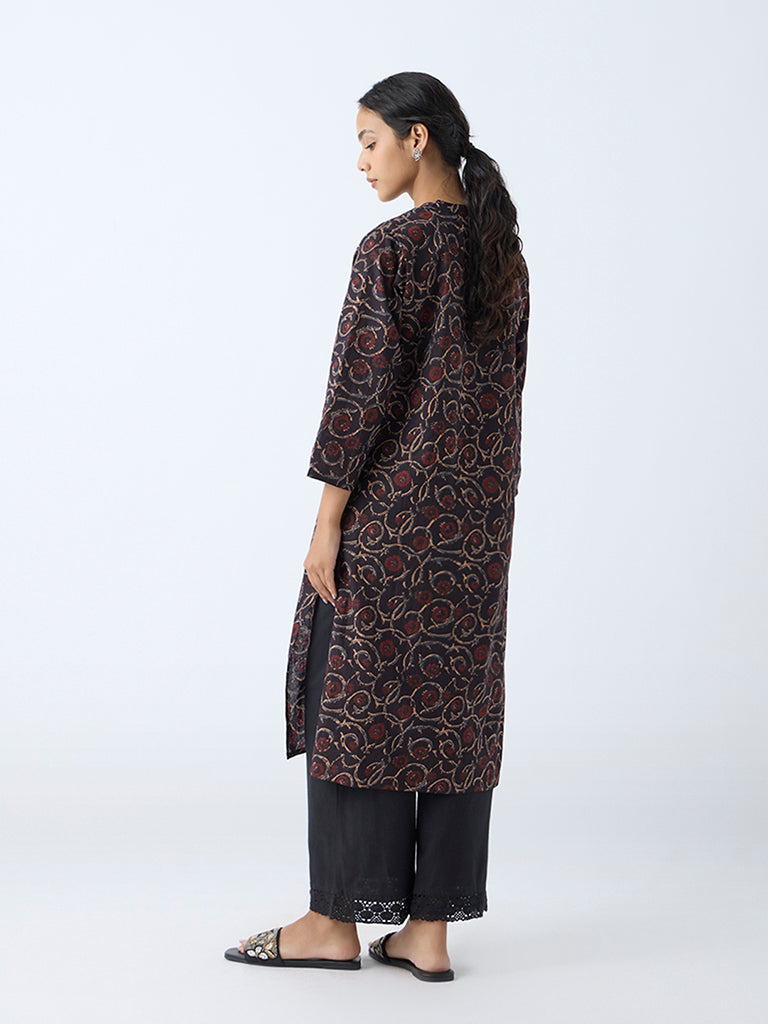 Westside Utsa Women's Black Botanical Printed Straight Cotton Kurta for Everyday Back View